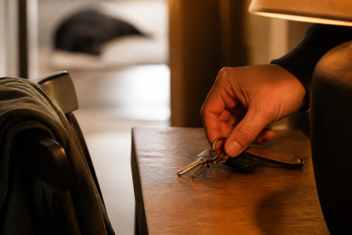 Personne posant calmement ses clés dans une entrée, chien couché en arrière-plan flou