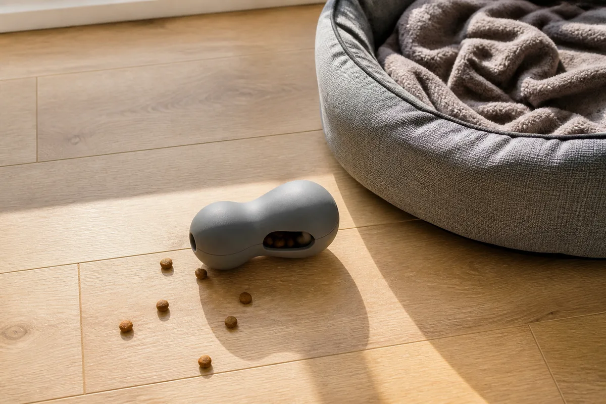 Jouet distributeur de croquettes posé sur un parquet près d un panier pour chien
