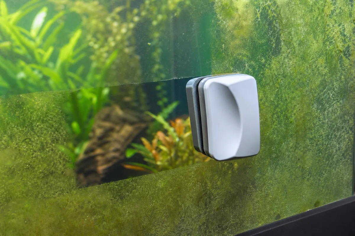 Nettoyage de la vitre d&rsquo;un aquarium à l&rsquo;aimant gratteur pour retirer les algues