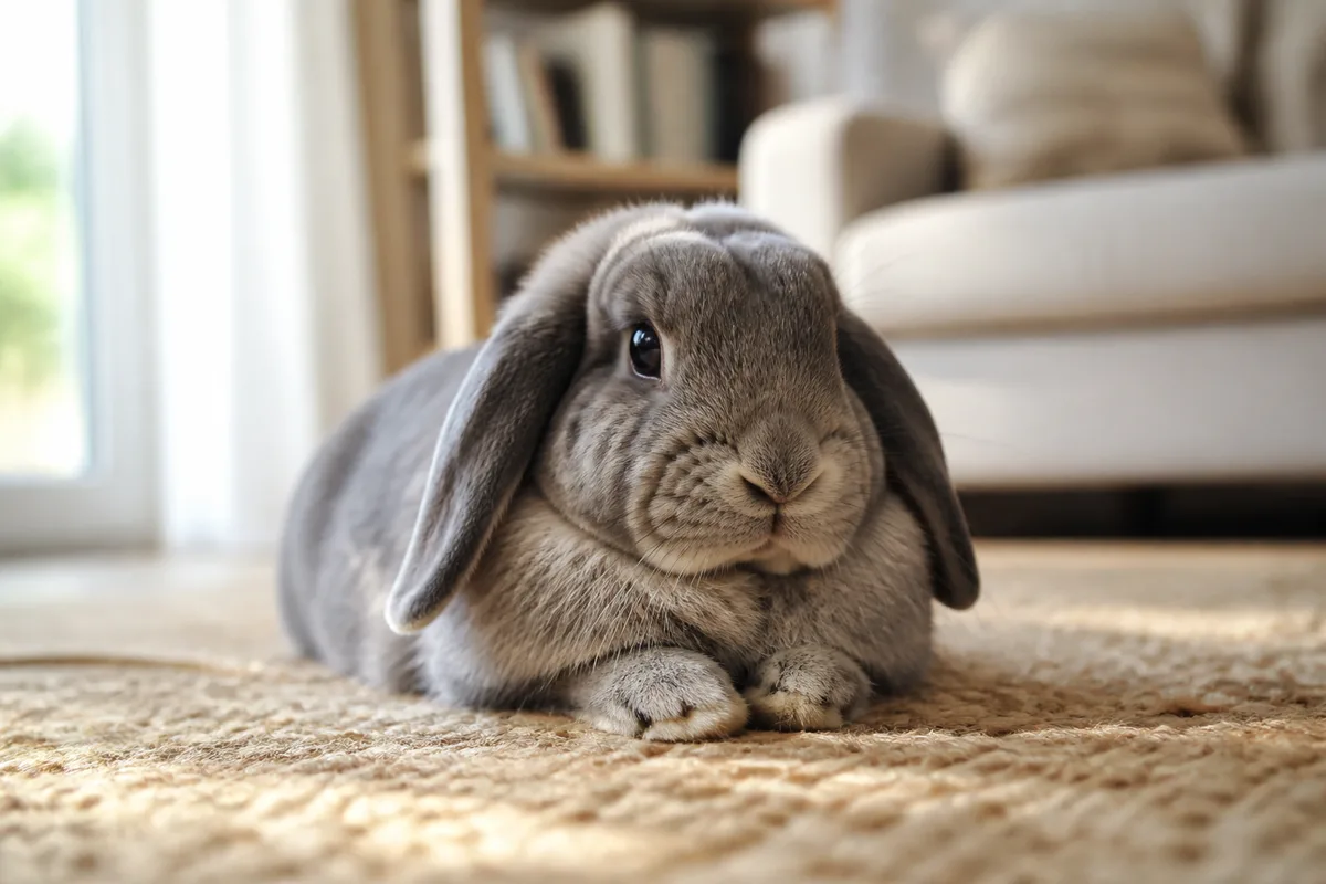 Lapin nain bélier assis sur un parquet clair dans un salon lumineux