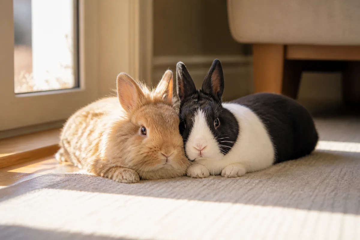 Deux lapins nains couches cote a cote sur un tapis dans une piece calme