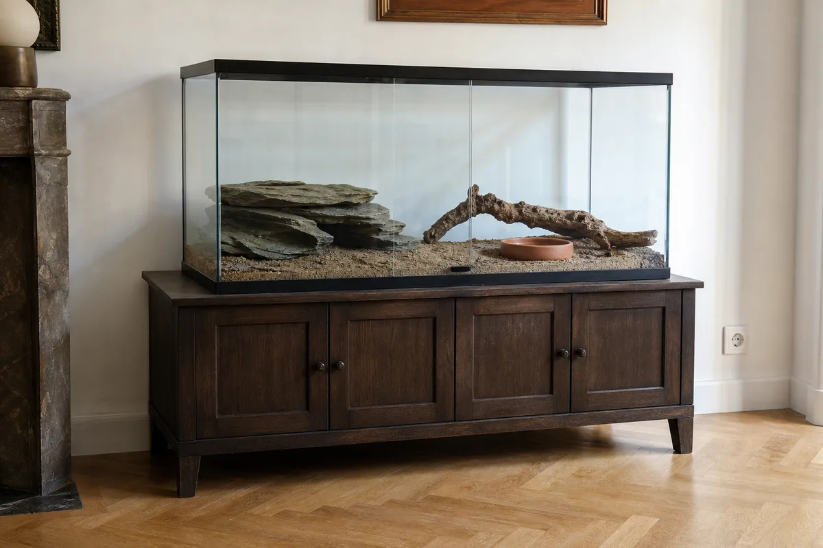Terrarium désertique pour gecko léopard installé sur un meuble en bois dans un intérieur français